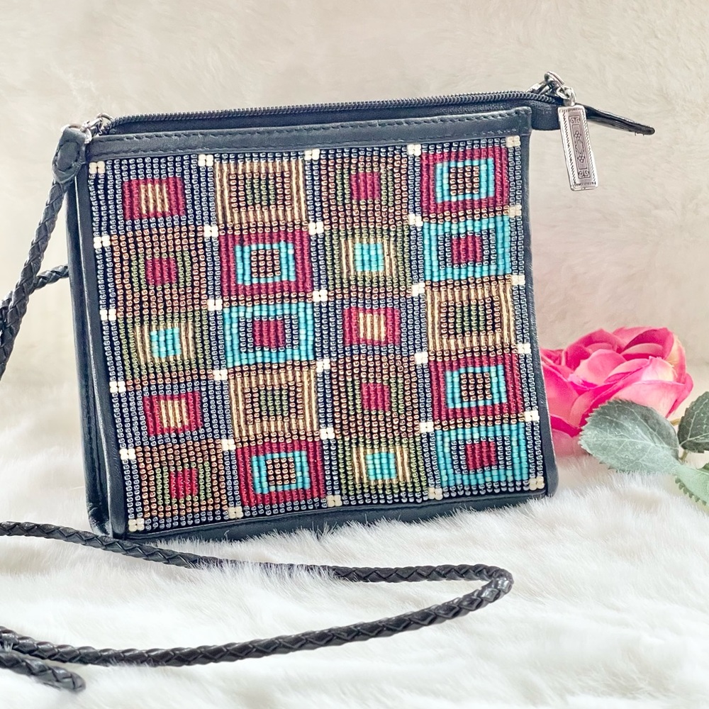 BRIGHTON Mini CROSSBODY BEADED PURSE Black w/multi colored front & Braided Strap